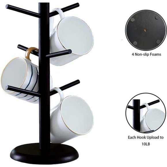 Mug Tree,Mug Hanger Stand,Coffee Cup Holder with 6 Hooks,Wood Coffee Mug Holder - Picture 5 of 7